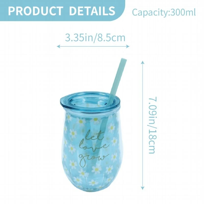 300ml Plastic Double Wall Tumbler Print Daisy With Straw And Lid factory