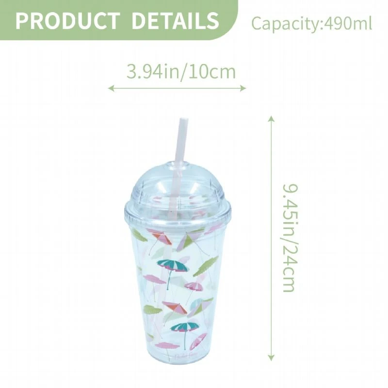 490ml Plastic Double Wall Tumbler Print Umbrella With Straw And Dome Lid suppliers