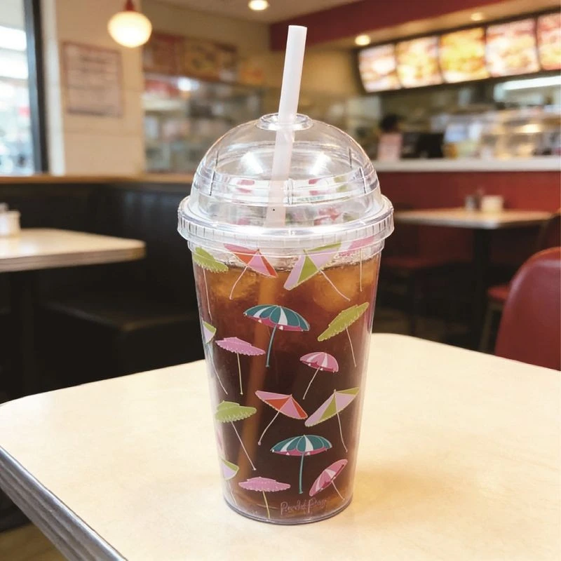 490ml Plastic Double Wall Tumbler Print Umbrella With Straw And Dome Lid factory